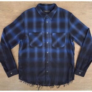 AMIRI Distressed Plaid Cotton Button Up Flannel Shirt-Blue ombre-Raw Hem-Men's S